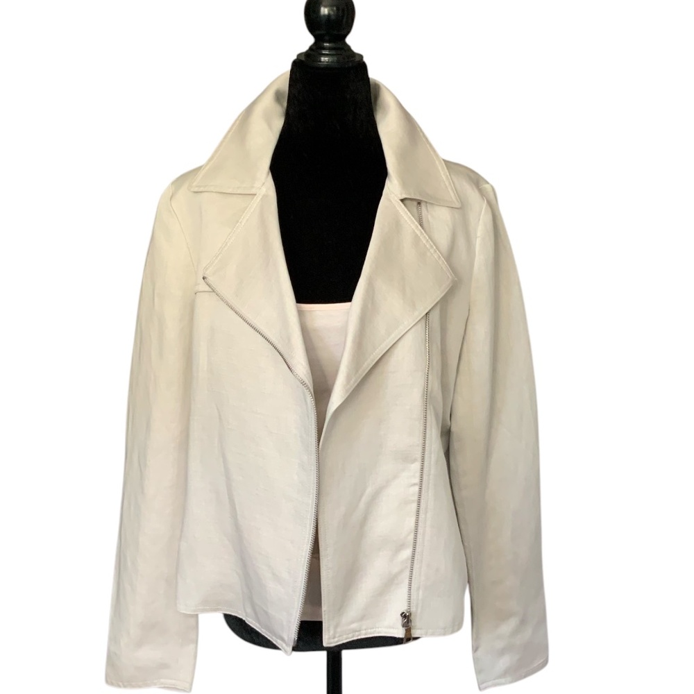 Ann Taylor Asymmetrical Tailored Moto Jacket Blazer Cream Natural Linen …